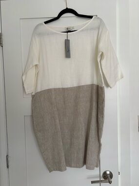 Linen Colorblock Shift Dress - White & Tan